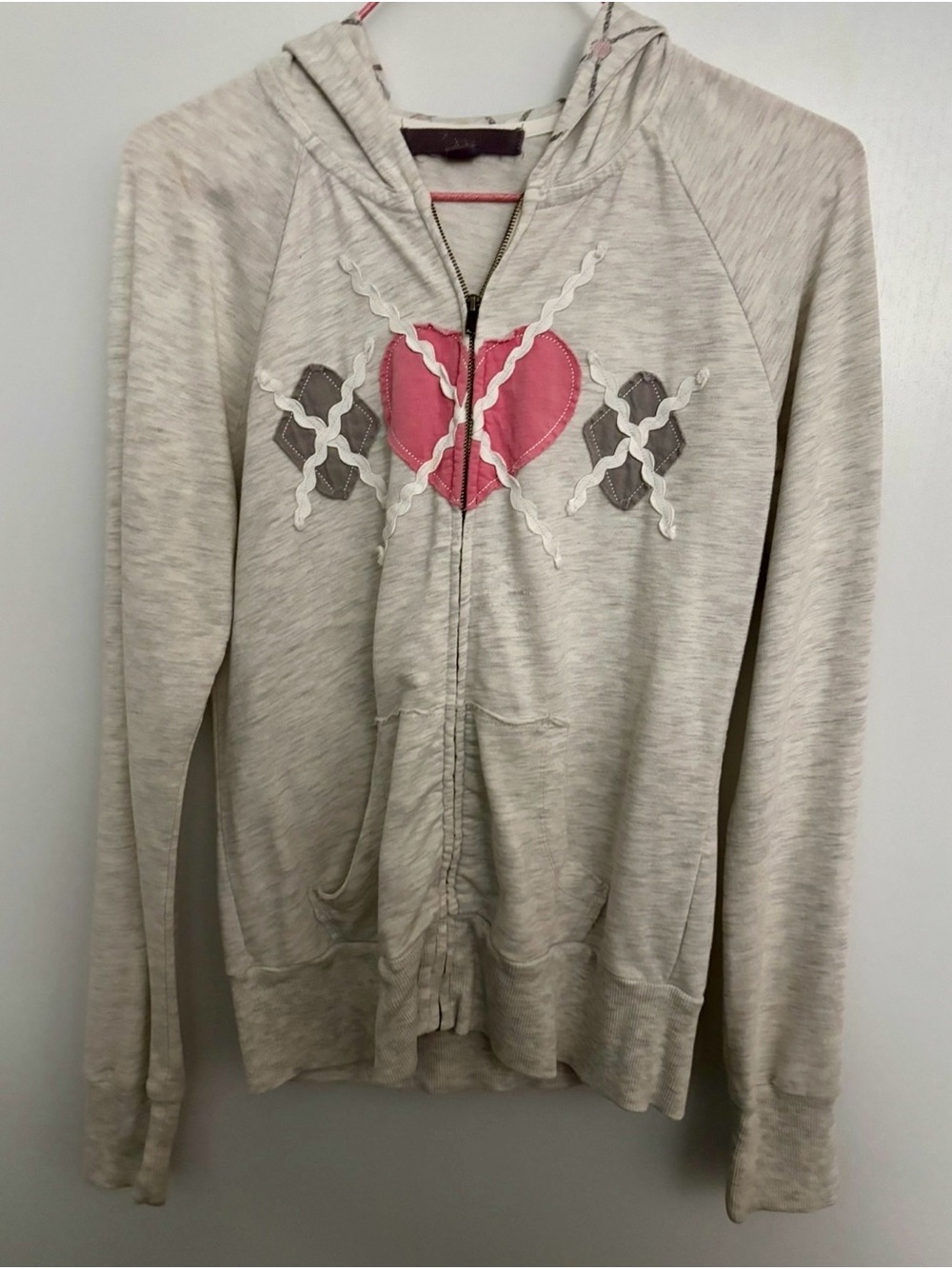 Forever 21 Used Cream Light Grey Zip-Up Hoodie with Pink Heart Stitch Jacket